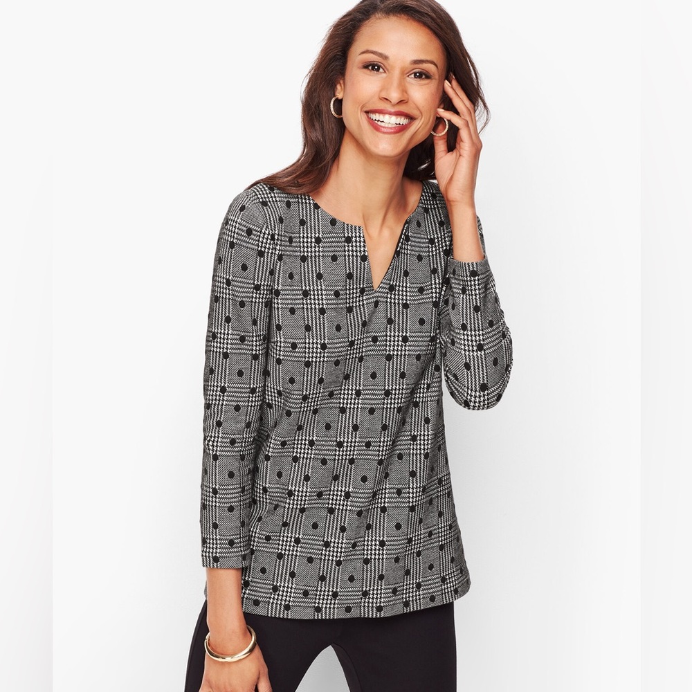 TALBOTS - TEXTURED ZIP BACK TOP - HOUNDSTOOTH
